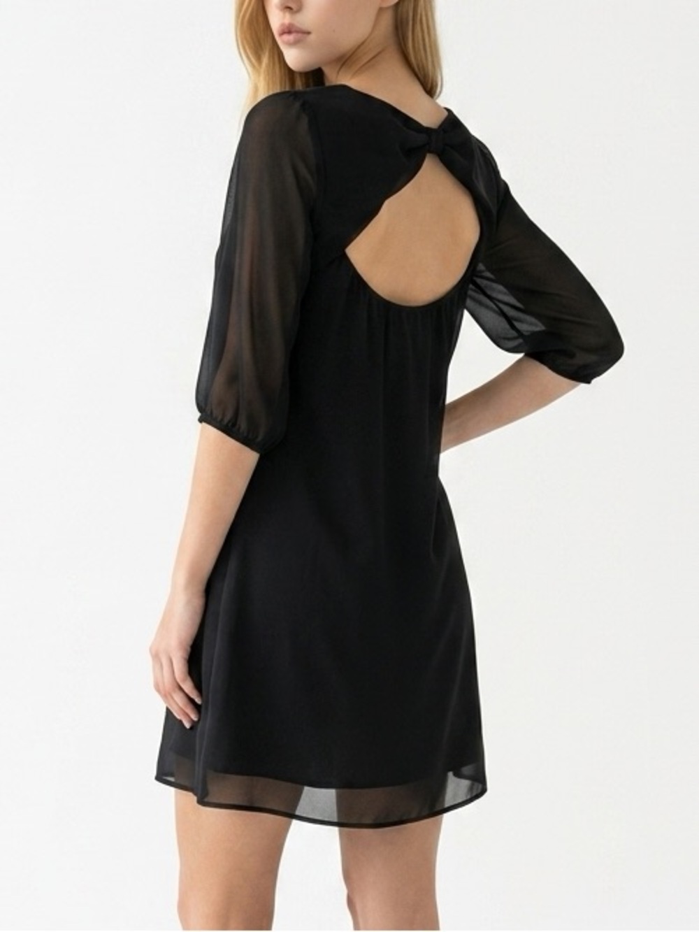 BCX Black Mini dress Open back Scoop neck sheer balloon sleeve lined Medium